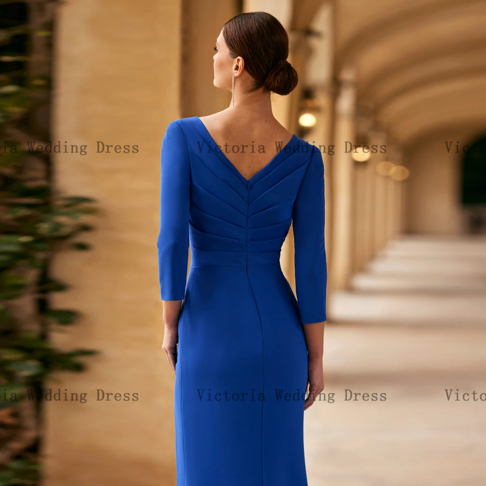 Vestido elegante azul real para madre de la novia, vestidos de fiesta de boda con cuello en V, manga 3/4, apliques hasta el suelo, sirena