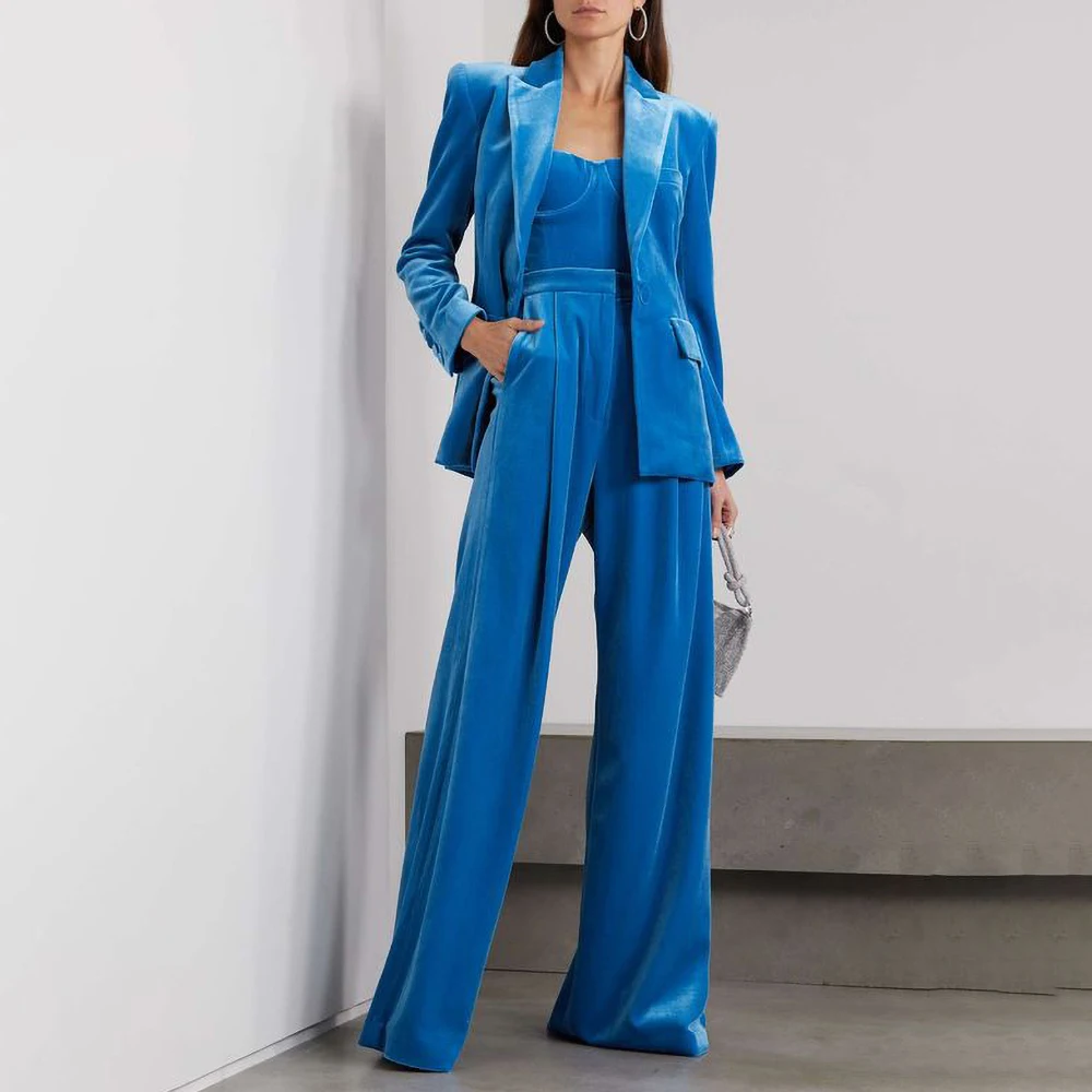 

Blue Velvet Women Pants Sets Two Piece Chic Peak Lapel Single Breasted Outfits Elegant Smart Casual Office Lady Female Suit