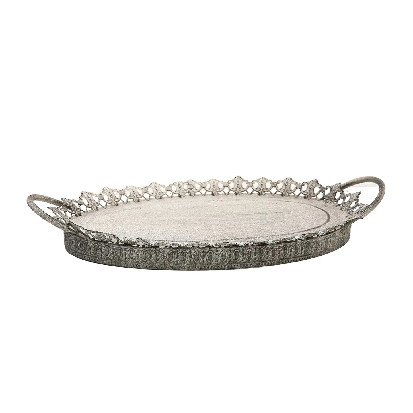 

Decorative Oval Serving Tray with Handles, Vintage Iron Metal, Ornate Lace Edge Design, 52.5cm x 31cm x 5cm