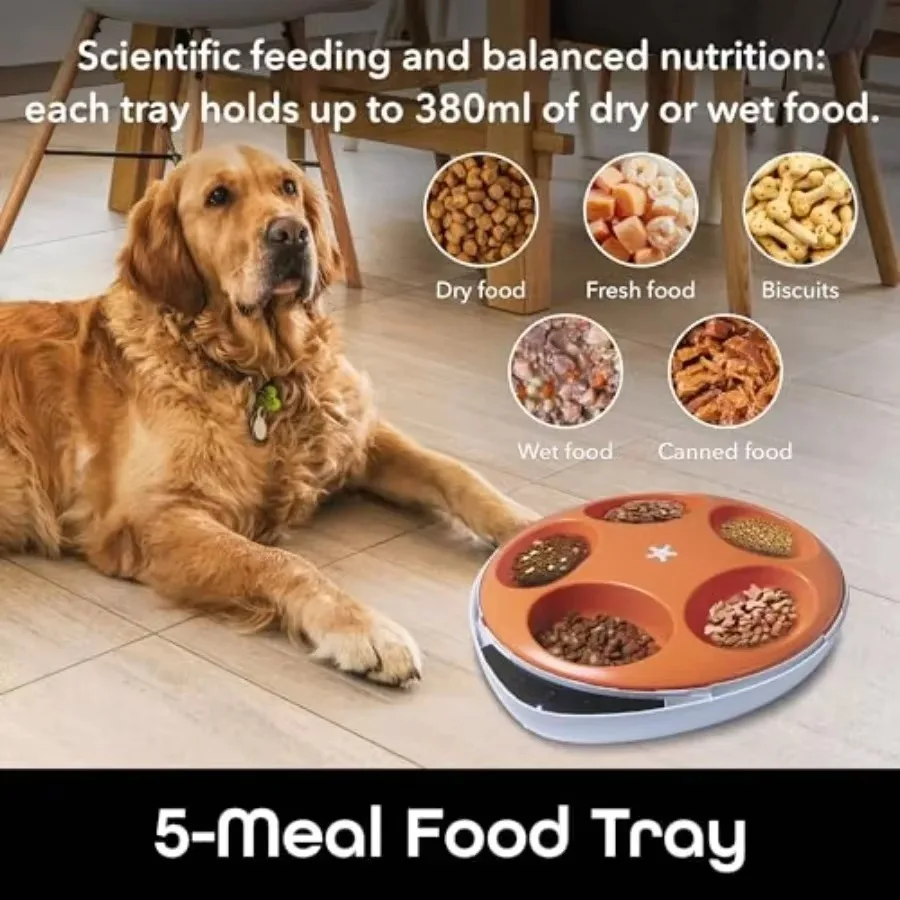FurStarSmart Pet Feeder For Wet Or Dry Food 5-Meal Automatic Dog And Cat Feeder With Ice Packs Programmable Timer Battery Backup