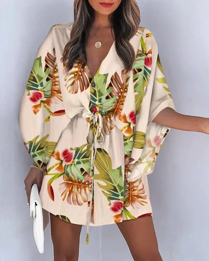 

Dressed Women Amazon Foreign Trade 2024 Summer New Short sleeved V-neck Printed Bat Sleeves Casual Lined Dress Women