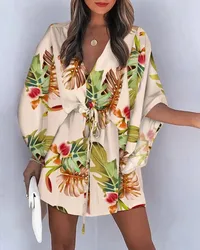 Dressed Women Amazon Foreign Trade 2024 Summer New Short sleeved V-neck Printed Bat Sleeves Casual Lined Dress Women