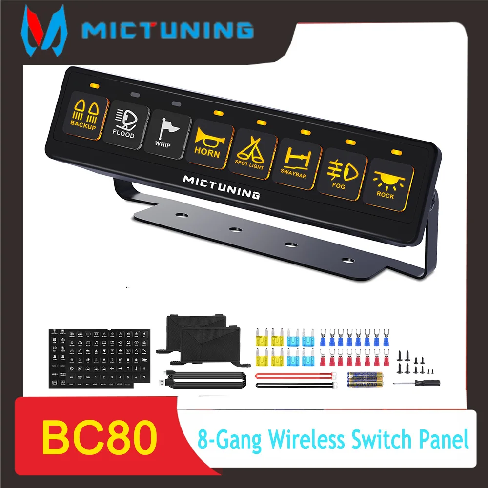 

MICTUNING BC80 8-Gang Wireless Switch Panel, Dual Power Hubs, Auxiliary ON-OFF Relays Circuit Box, 4 Control Modes 12V 24V