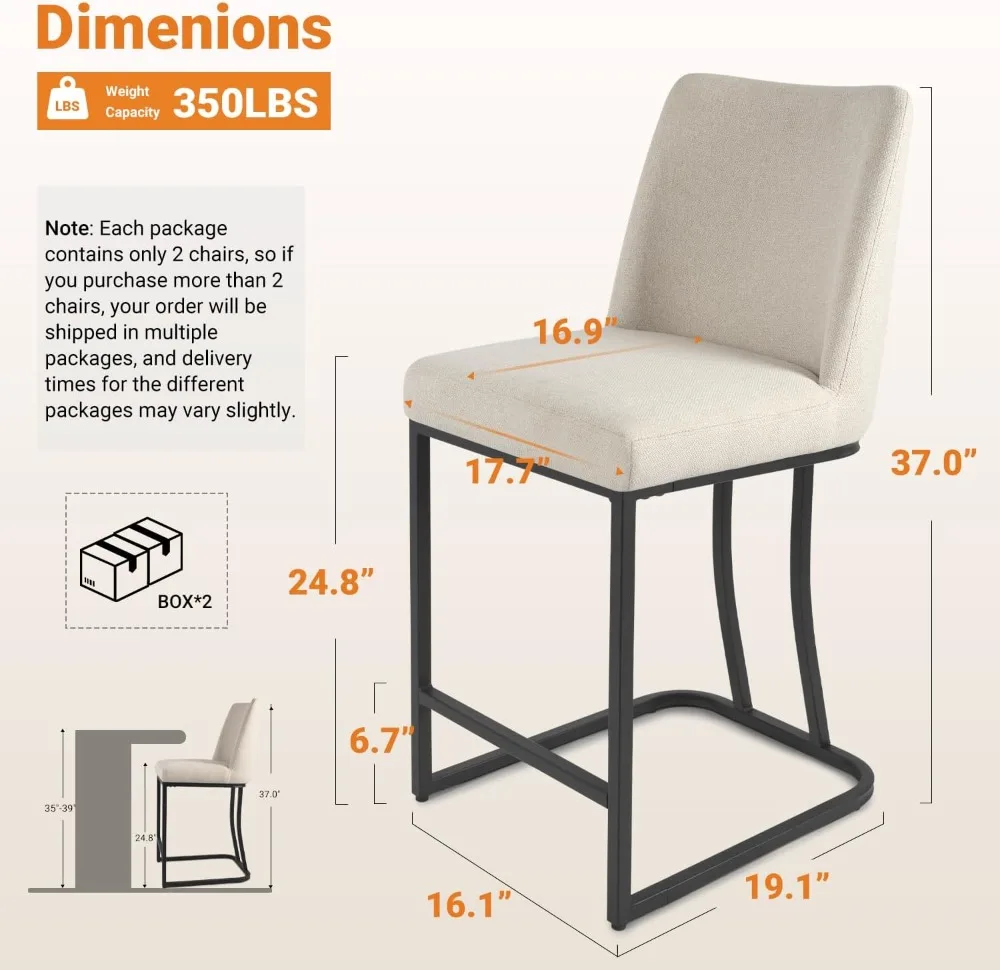 Counter Height Bar Stools Set of 4, 24 Inch Linen Upholstered Bar Chairs, Beige
