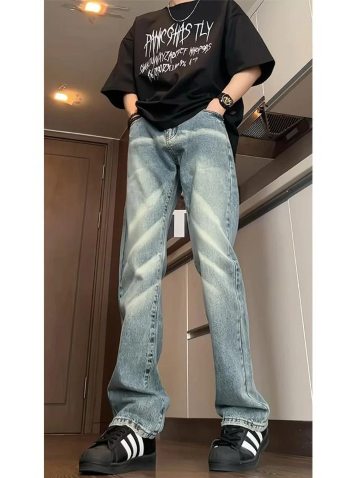 

Мужские джинсы Light Wa прямого кроя в винтажном стиле High Street, с высокой талией, слегка расклешенные, из смесового хлопка и полиэстера