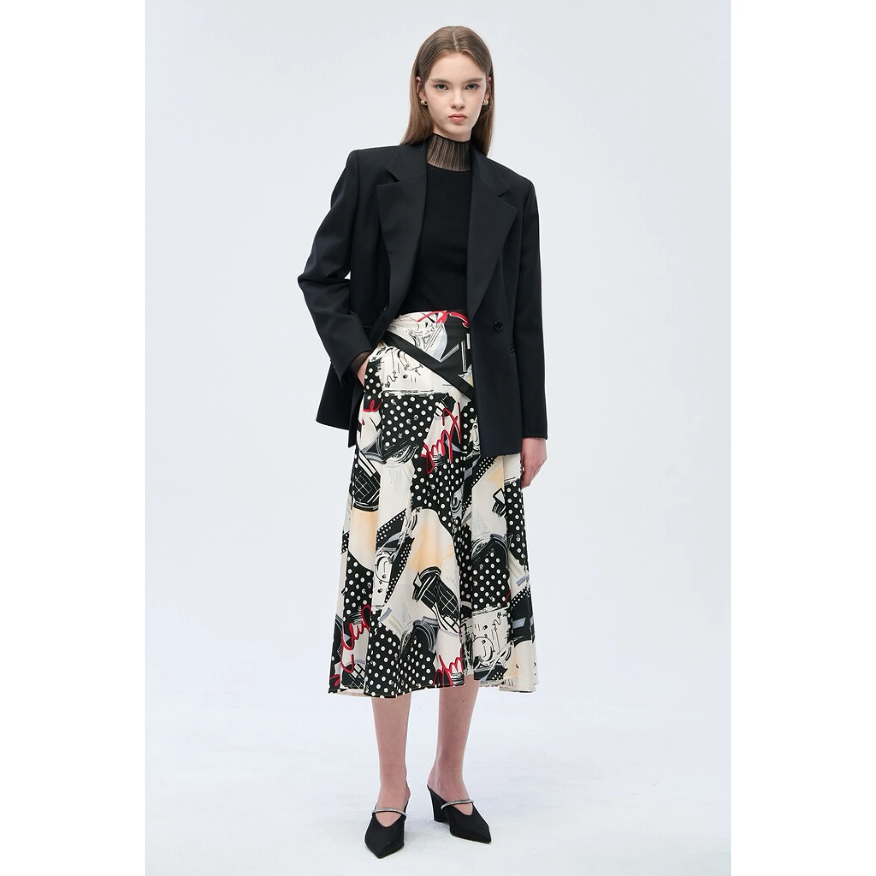 Fashionable Lemon Cheese Print Elastic Waist Asymmetrical Long Half Skirt with Silk Scarf Belt Spring Commute Style Women's C...