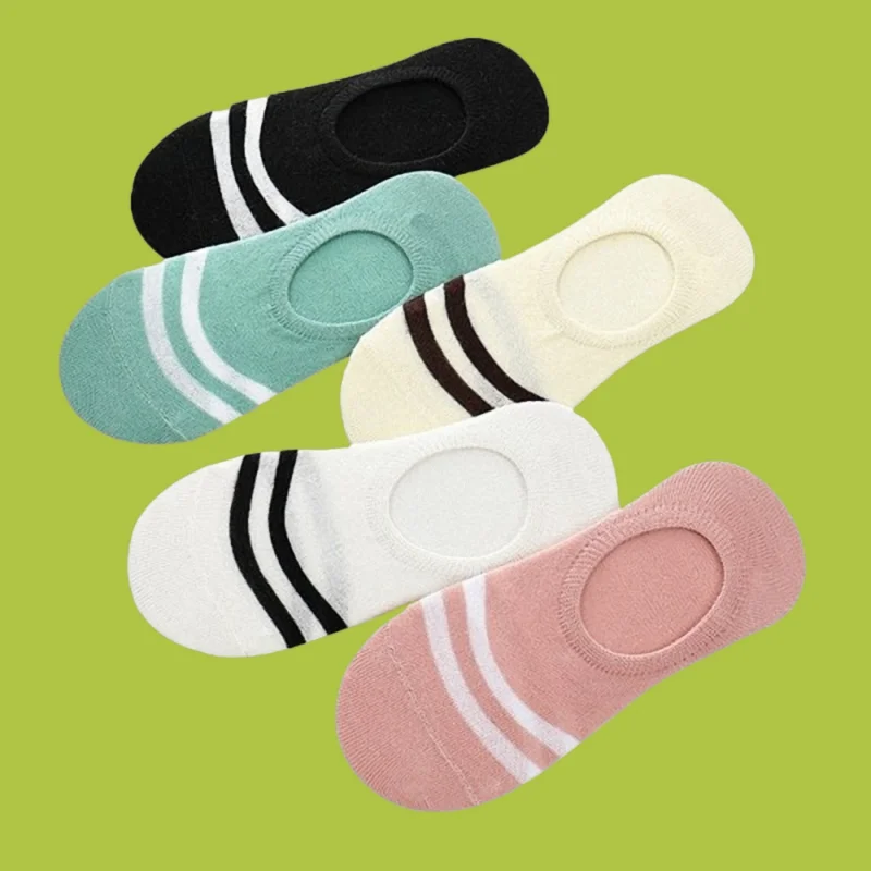 

5/10 Pairs Silicone Low Cut Casual Socks Two Stripes Women's Invisible Socks Cotton Boat Socks Anti-shedding Student Socks