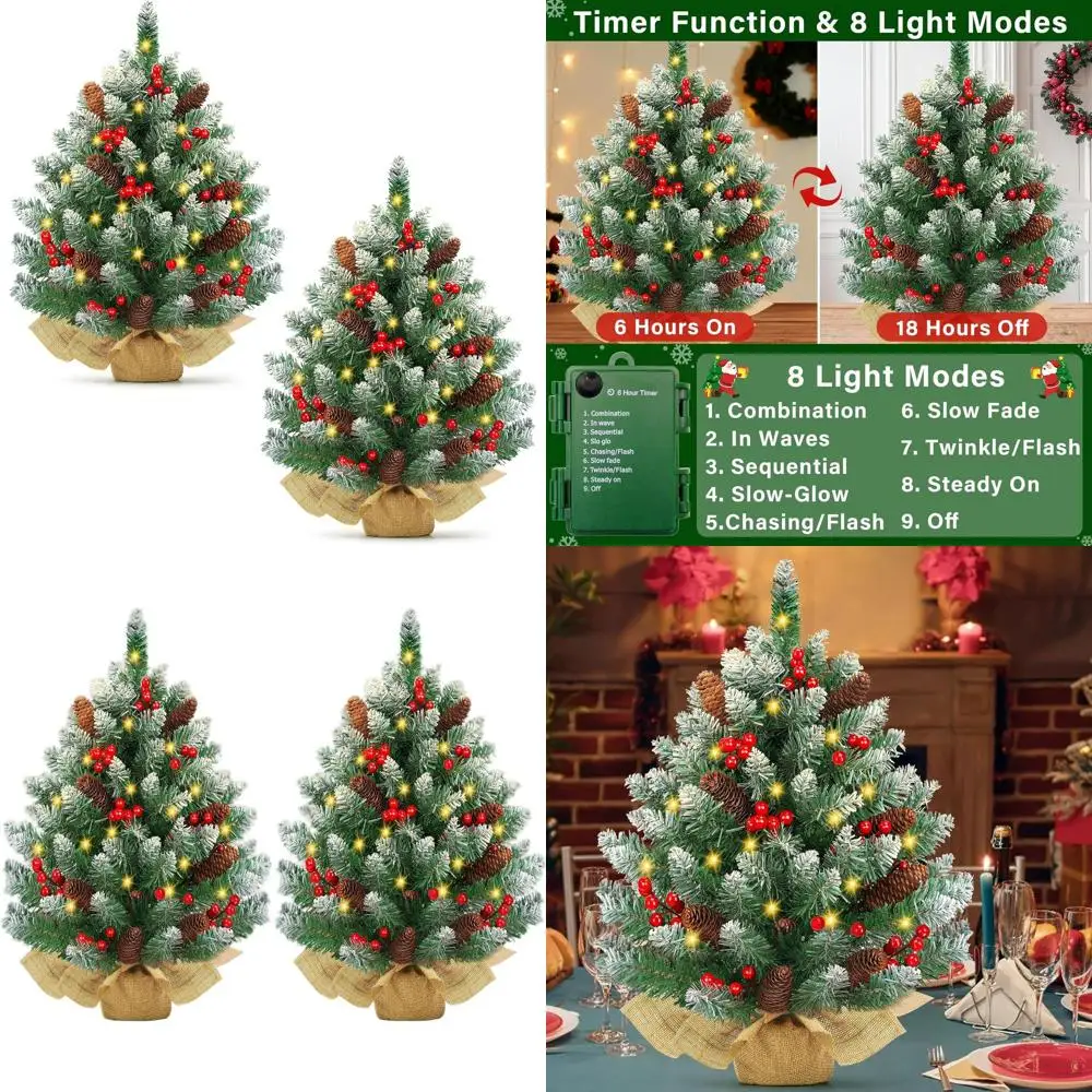 

24-Inch Battery-Powered Snowy Christmas Tree with 50 Warm Lights, Red Berries, Pine Cones, and Burlap Base for Indoor Table Deco