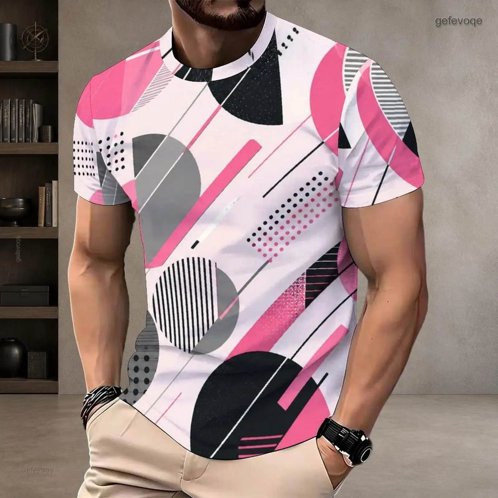 Men Green Light Blue Beige Orange Abstract Geometric Printed Round Neck Short Sleeve T-Shirt