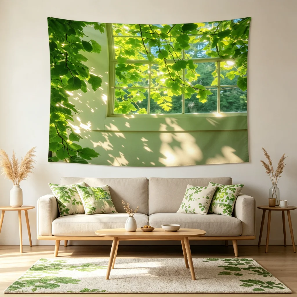 1PC Green Leaf Window Art Print Backdrop Banner, Bedroom Living Room Photo Background, Polyester, Home Decor, Wall Art