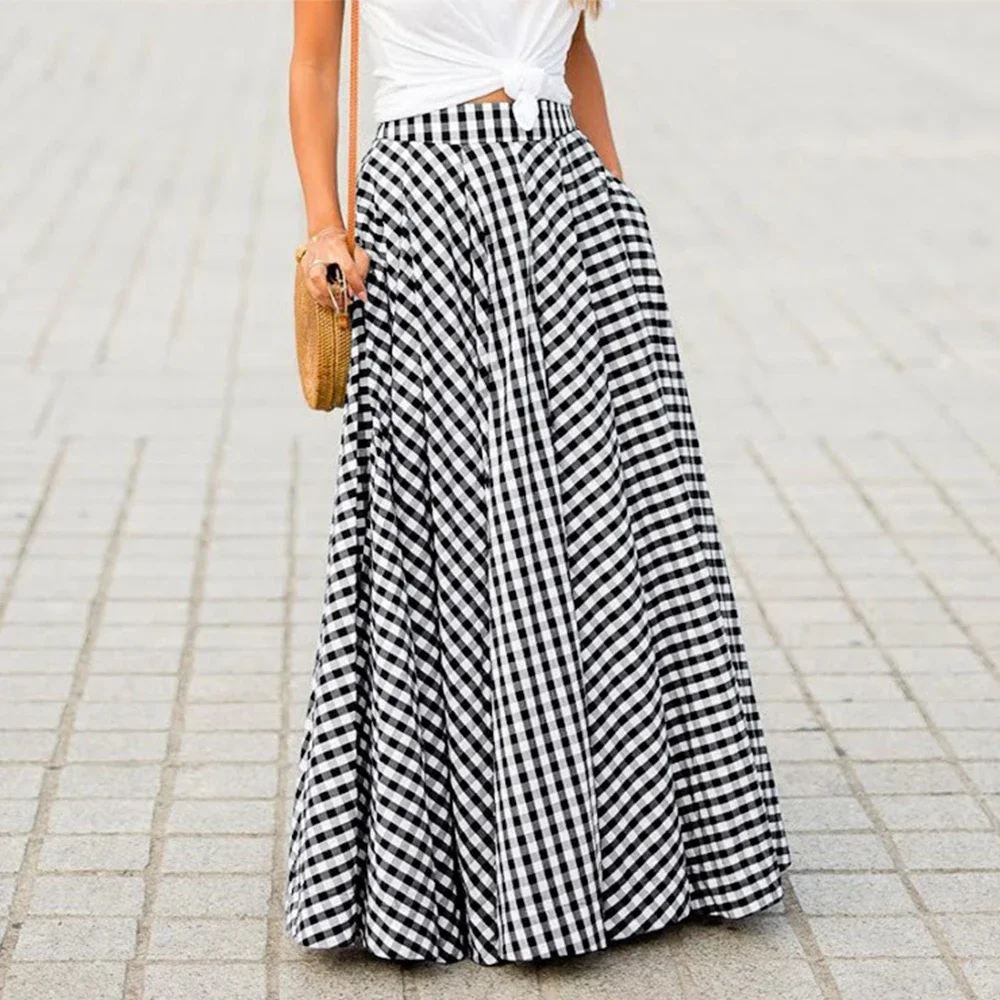 

Skirts Summer Fashion Basics Plaid Folds Pockets Natural Waist Full Length A-Line Daily Skirts For Women