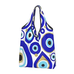 Custom Reusable Evil Eye Charms On White Shopping Bag Women Tote Bag Portable Moroccan Nazar Groceries Shopper Bags