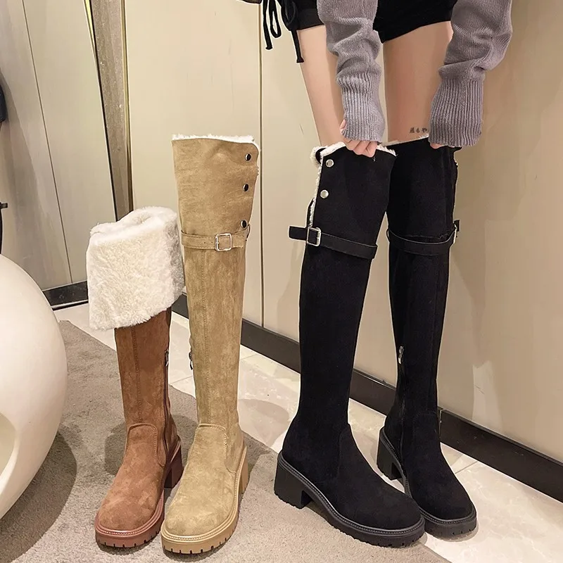 

Retro Rivet Slimming Over-the-Knee Long Boots for Women Chunky Heel Suede Two-Way High Tube Knight Boots