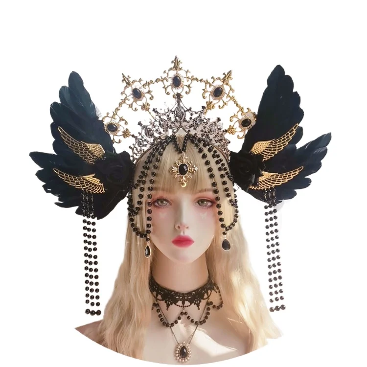 

Original Lolita Madonna Halo Super Gorgeous Gothic Dark Feather Exaggerated Headgear Crown Photo