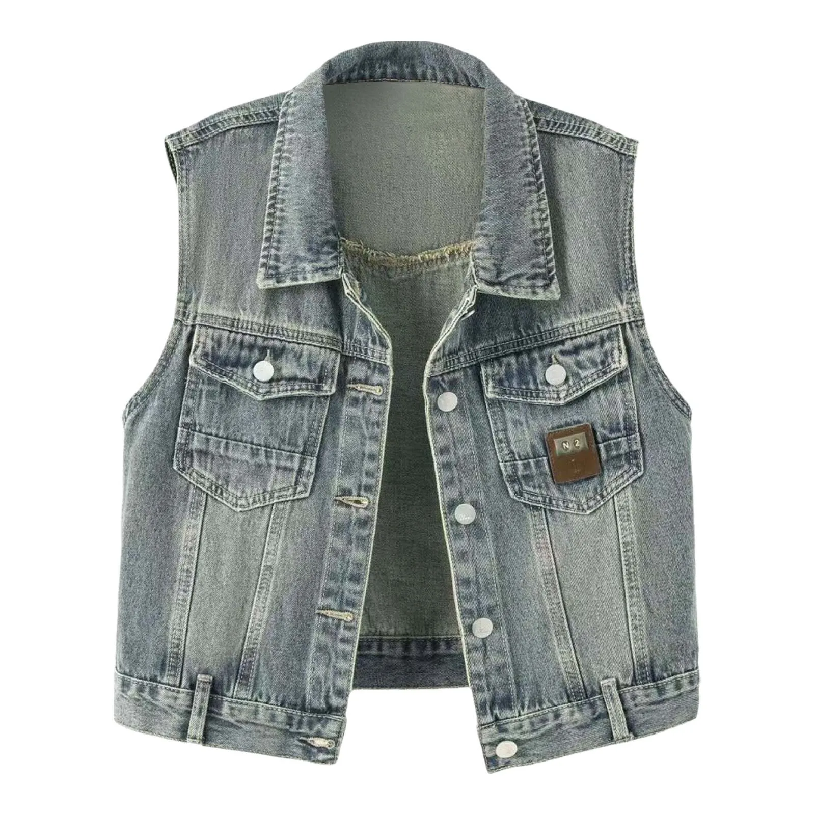 Women Stylish Distressed Lapel Denim Vest Sleeveless Chest Pockets Front Button-down Tank Top Jean Jacket for Daily Casual
