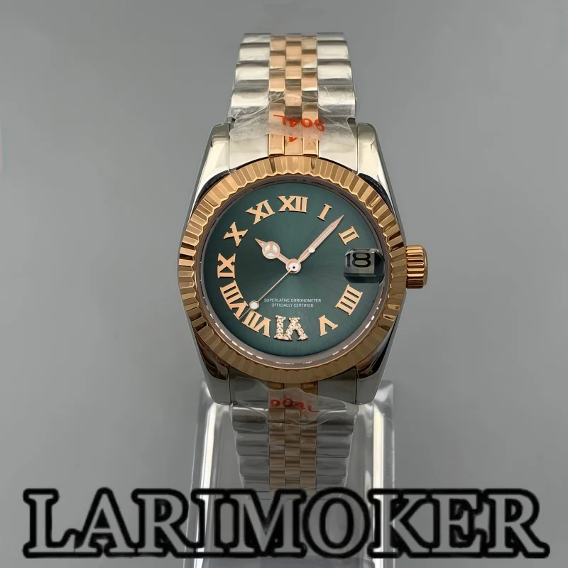 

LARIMOKER 31mm Women's Rose Gold NH15 Mechanical Watch Roman Numeral Gear Bezel Green and Brown Dial Sapphire Steel Dive Watch