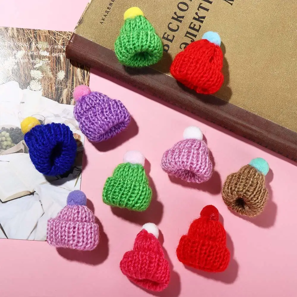 10pcs DIY Mini Knitting Hats Sewing Crafts Ornaments Christmas Mini Knitting Doll Hats Polyester Knitting Mini Wool Hat Colorful