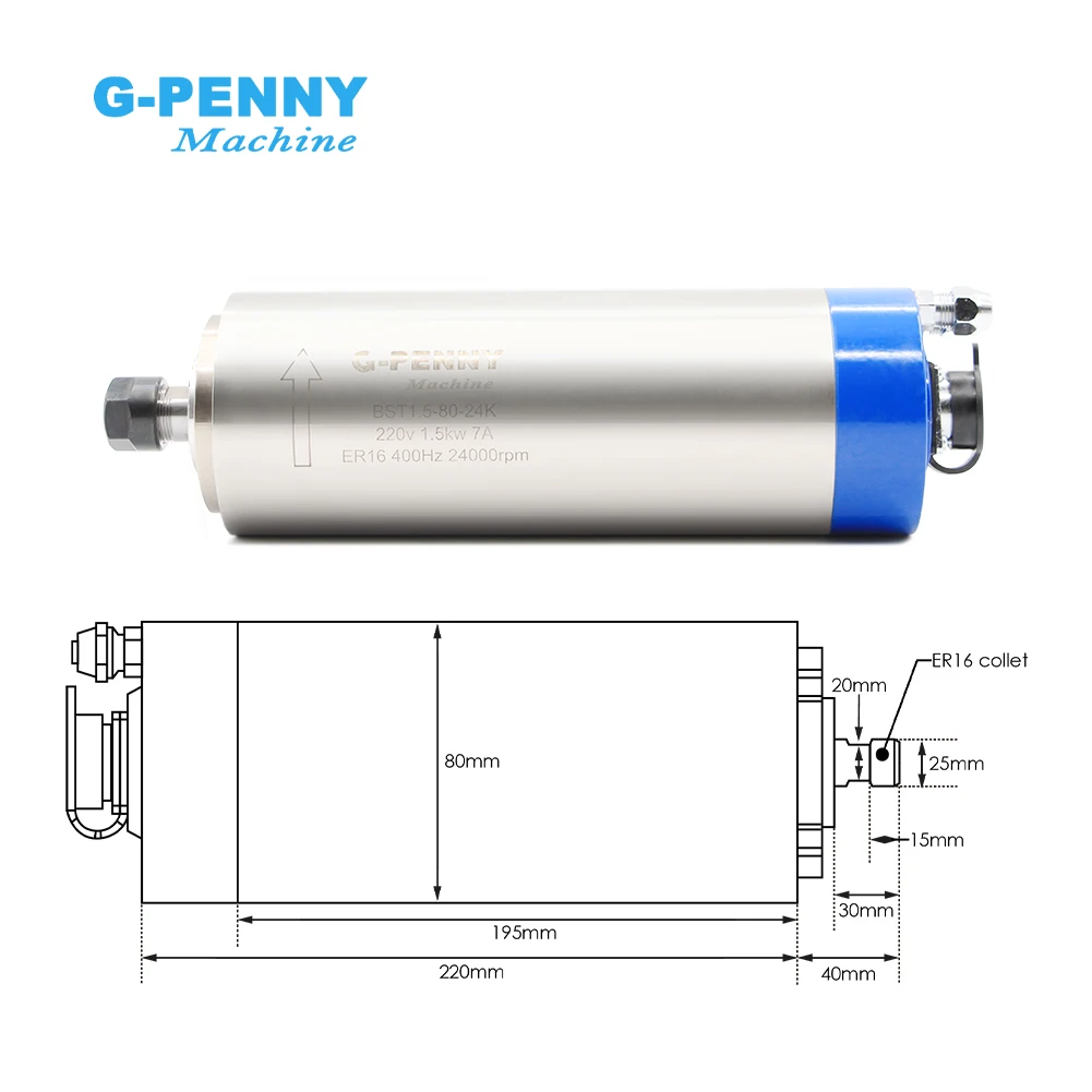 G-Penny 1.5kw ER16 Water Cooled Spindle kit 80x220mm 4 pcs Bearings 0.01mm Accuracy & 1.5kw Frequency Drive & Holder & 75w Pump