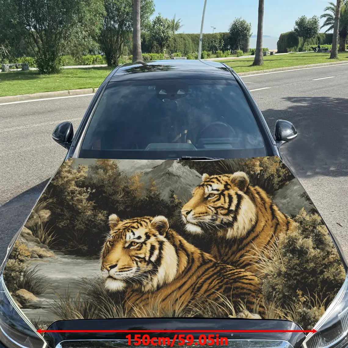 Car Decal Two Tigers in Artistic Background with Textural Details & Fierce-Dynamic Visual Details Car Hood Sticker, Waterproof S