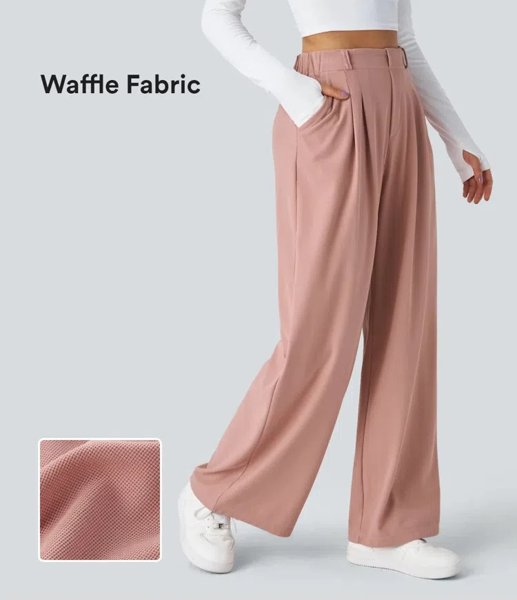 Women's trousers plaid slimming wide-leg pants with pockets high-waisted women'… - Image 5
