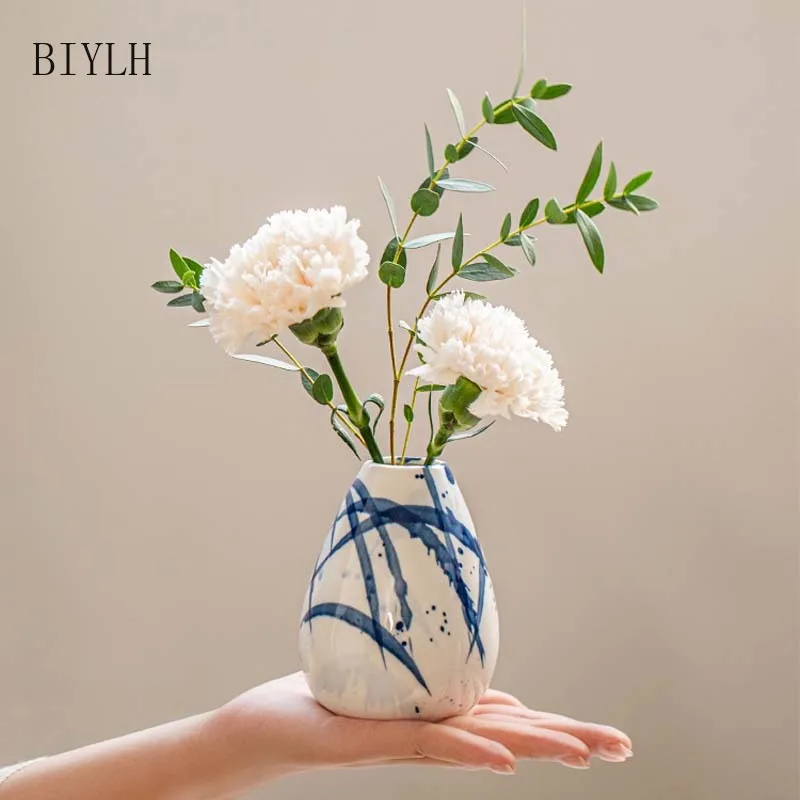 BIYLH Retro Ceramic Vase Hydroponic plants Home Decor Countertop Vase Underglaze Ink Painting Flower Arrangement Flower ware