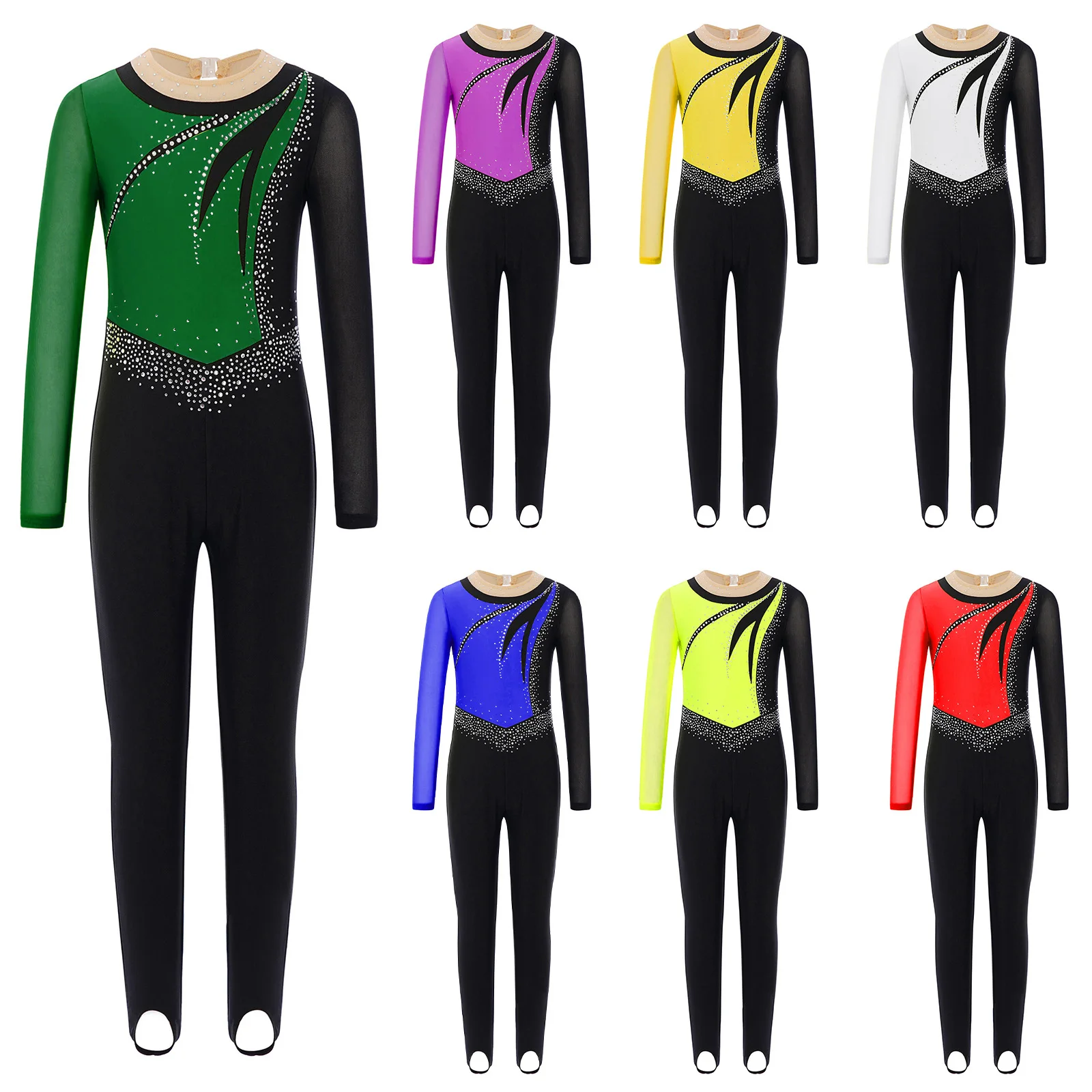 Kids Girls Gymnastics Acrobatics Performance Jumpsuits Costume Long Sleeve Rhinestones Stretchy Ballet Skating Dance Jumpsuit