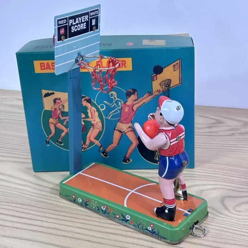 

Adult Collection Retro Metal Tin Wind up toy Basketball player shooting basketball stand Clockwork model children birthday gift