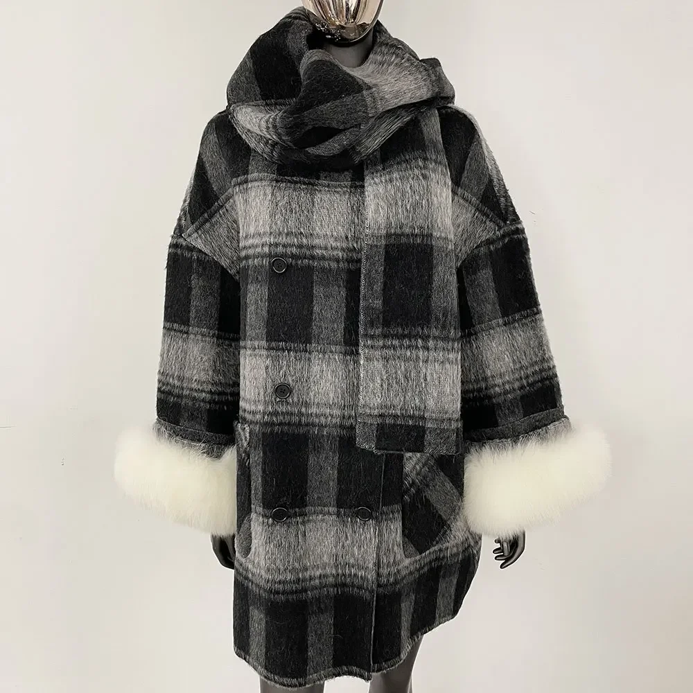 MENINA 2024 Winter Women Coat Real Natural Fox Fur Cuff Turn-down Double-faced Woolen Blends Jacket Thick Warm Casual Overwear