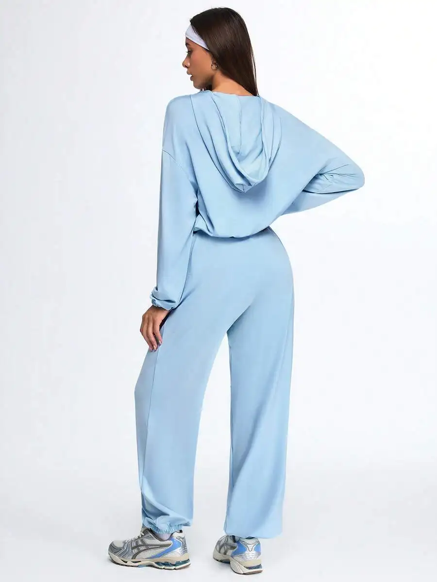 

Women Light Blue Two Piece Lounge Set Long Sleeve Crop Hoodie Wide Leg Pants Casual Drawstring Sweatsuit