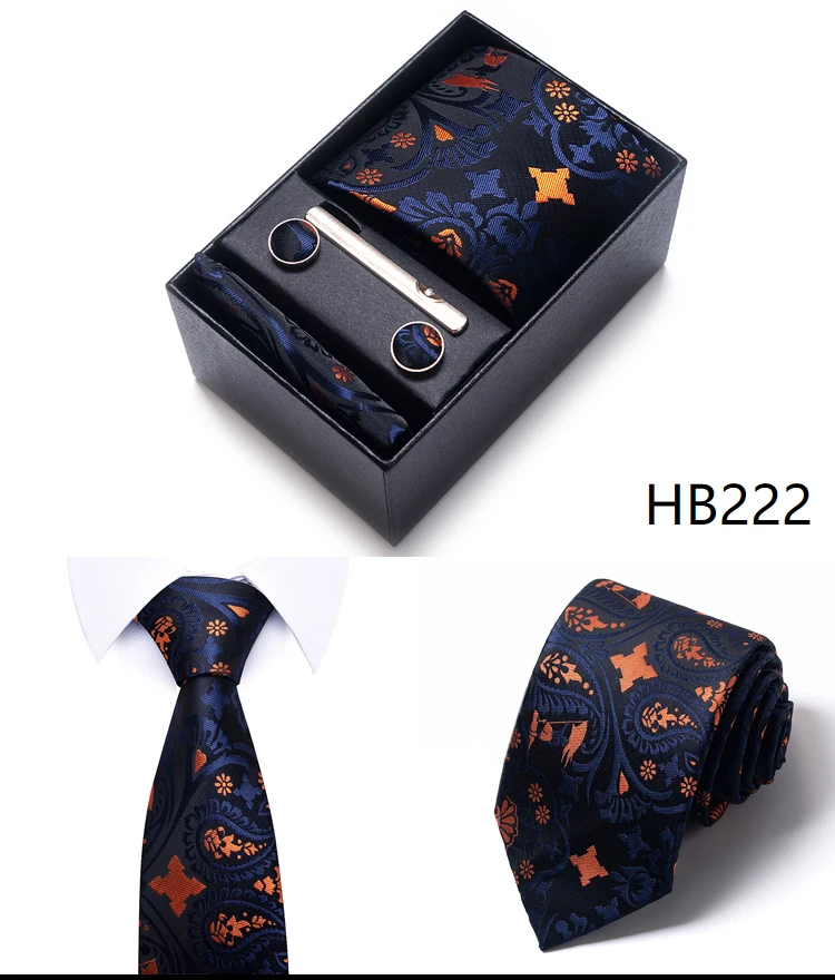 Krawatte Taschentuch Manschettenknopf Set für Männer Krawatte Urlaub Geschenkbox Blau Gold Anzug Zubehör Schlanke Hochzeit Gravatas – Detail 28