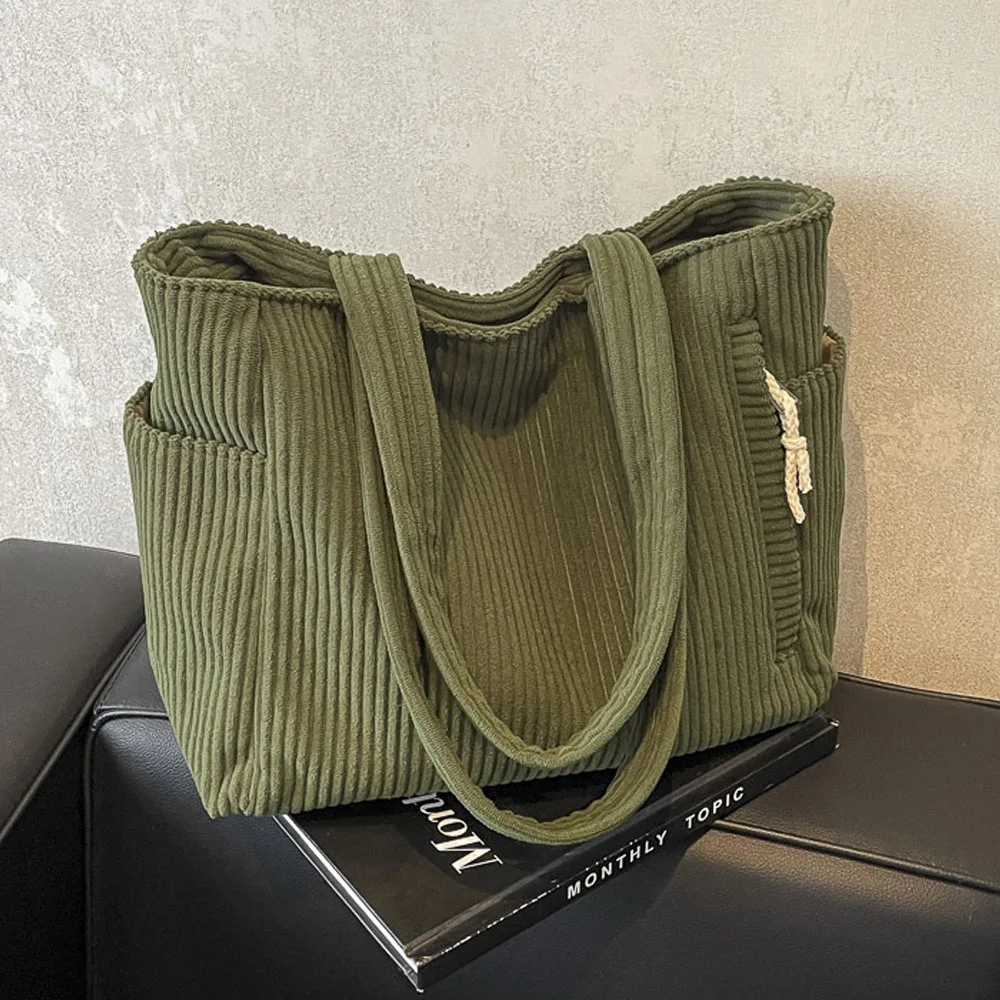 Casual Corduroy Handbag with Zipper Closure Light and Large Capacity Fixed Shoulder Strap Solid Color Daily Commuter Handbag