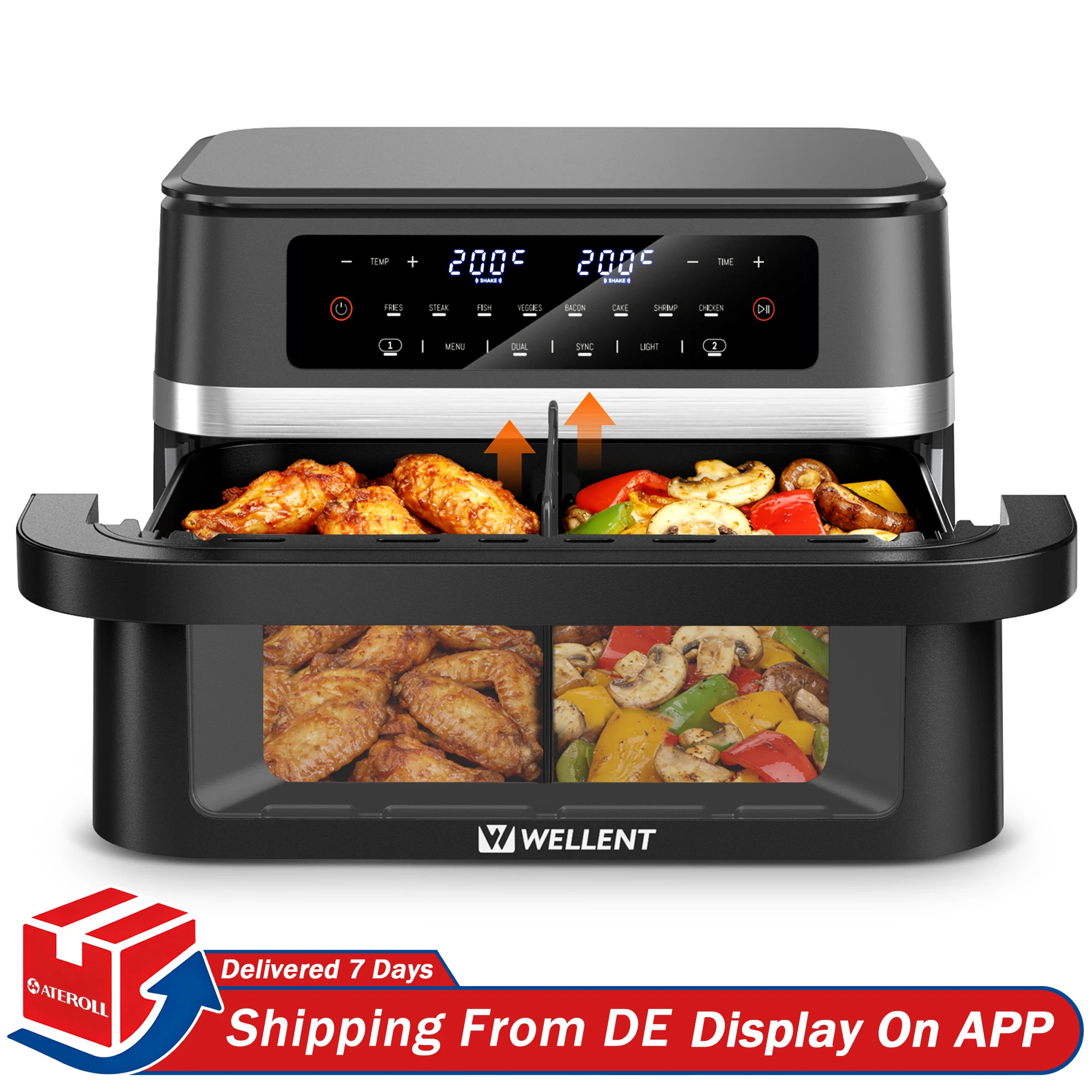 Image of 12L Heißluftfritteuse mit Doppelbehälter, Gleichzeitiges Kochen, 2950W, LED-Touchscreen, Sichtfenster, LED-Beleuchtung, Schüttelfunktion, Interner Doppelbehälter, Großes Design, Schwarz