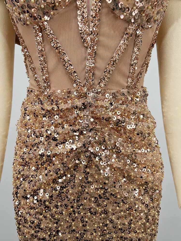 Suknia wieczorowa VC Luxury Gala Radiance, złote cekiny, odkryte ramiona, przezroczysta siateczka, bez rękawów, seksowna, długa sukienka na imprezę.