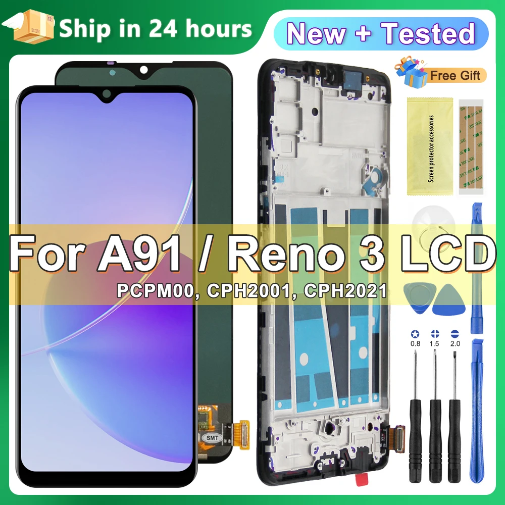 oppo-reno-3cph2043フレーム付きデジタルタッチスクリーンアセンブリ用の交換用lcdスクリーン