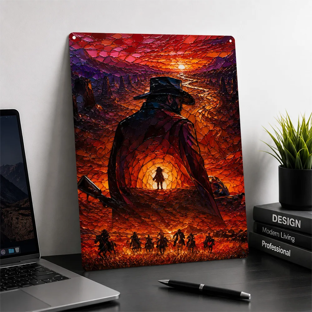 Western Sunset Standoff 3D Texture Metal Poster Customized Wall Art Tin Sign Gift for Mancave Living Room Interior Decoration