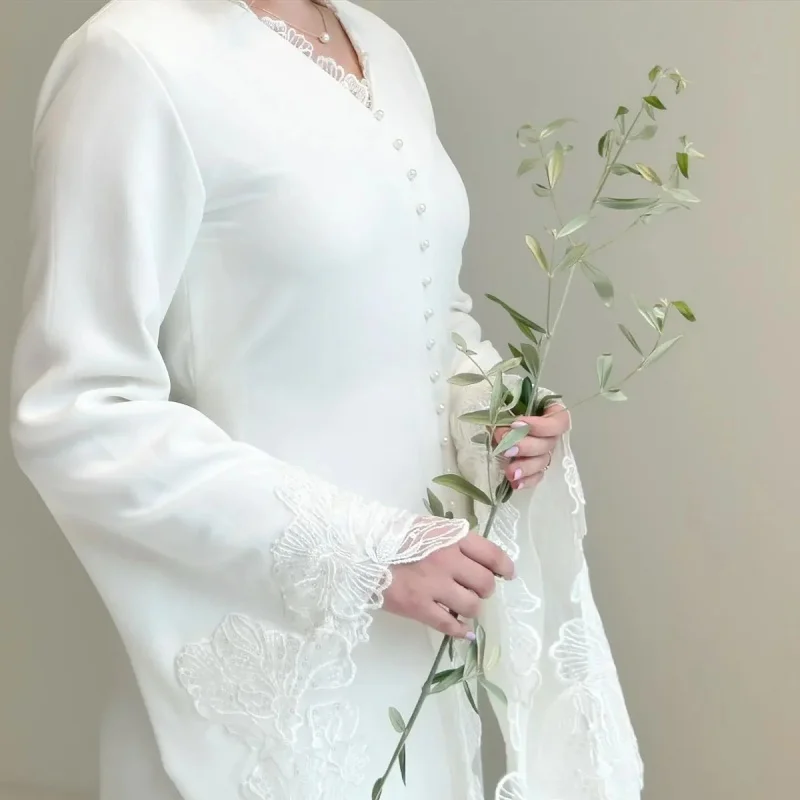 Muslim Modest V Neck Chiffon Wedding Dress Long Bell Sleeves Lace Cuffs Pearl Buttons Tie Waist Front Slit Matching Lace Veil