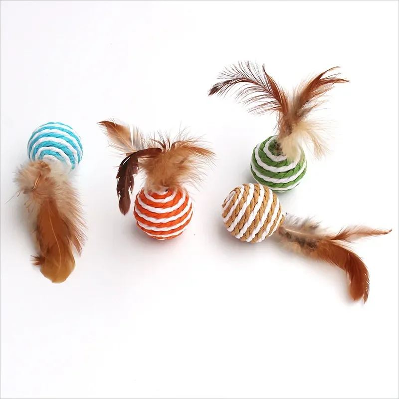 4Pieces Colorful Sisal Interactive Ball Cat Toy Pet Supplies Feather Cat Training Catcher Cat Accessories Random Color Toy Ball