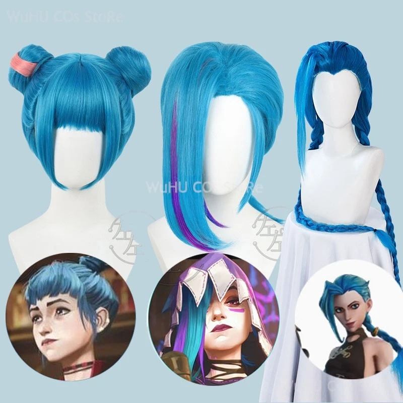 

Game LOL Arcane 2 Jinx Cosplay Wig Blue Short Wig Meatball Head Synthetic Fiber Hair For Women Halloween Party Role Play Props
