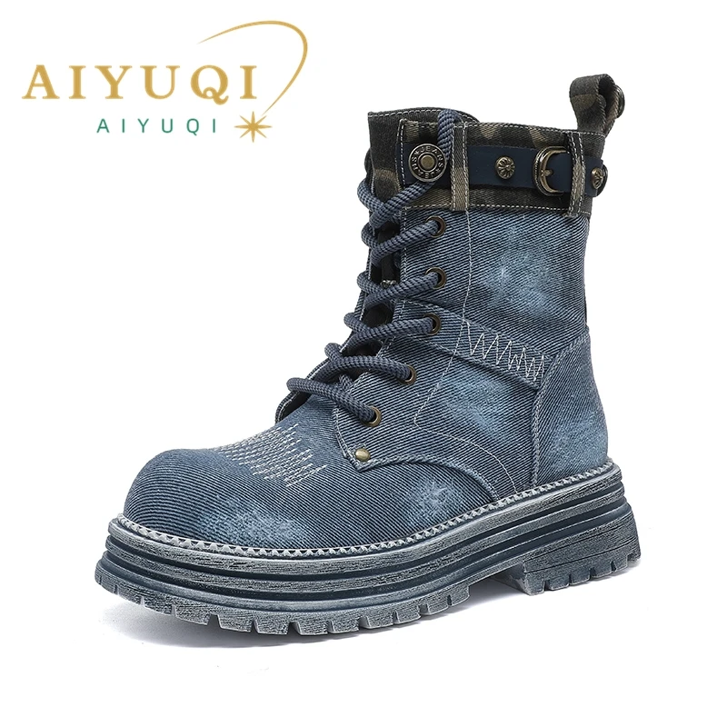 AIYUQI Motorcycle Boots Women Fall 2024 New Denim Women's Ankle Boots Platform Vintage British Style Cargo Boots Ladies