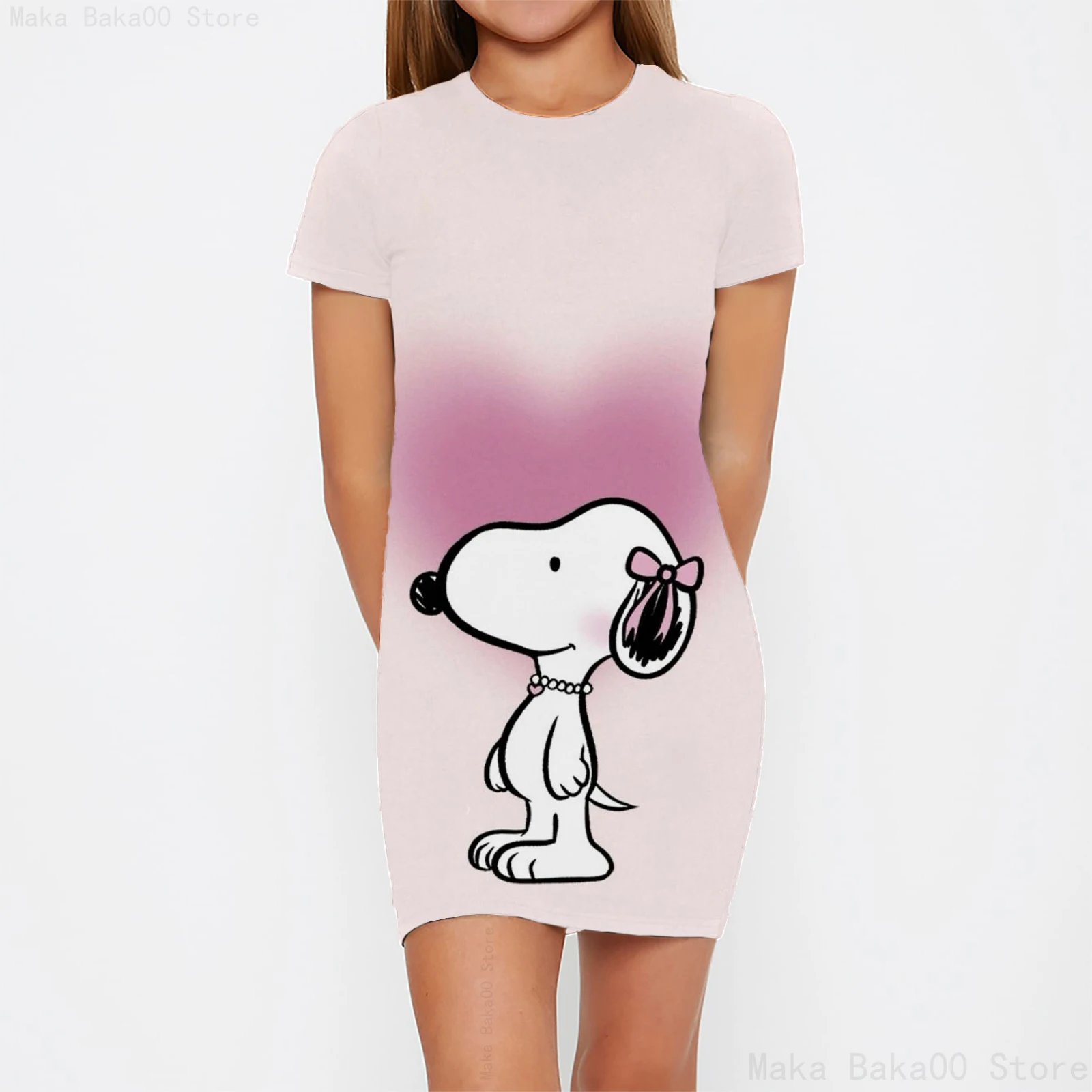 Summer girls Disney cartoon Snoopy print round neck tight dress 2024 new fashion casual princess dress dress