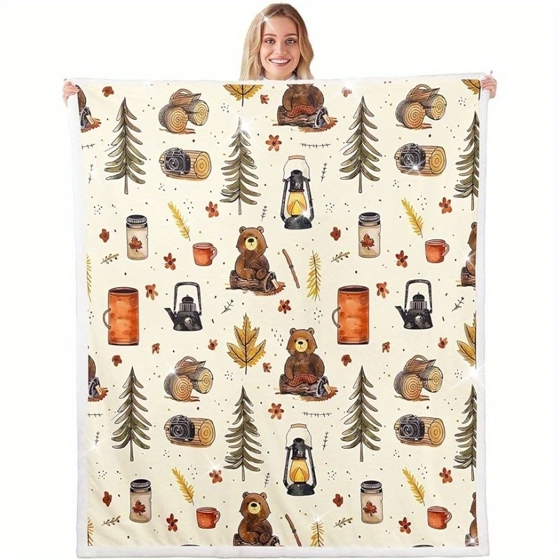 Large Camping Blanket 90inch X 90inch Happy Camping Plush Blanket Travel Trailer Accessories Blanket Camping Ground Fluffy Blank