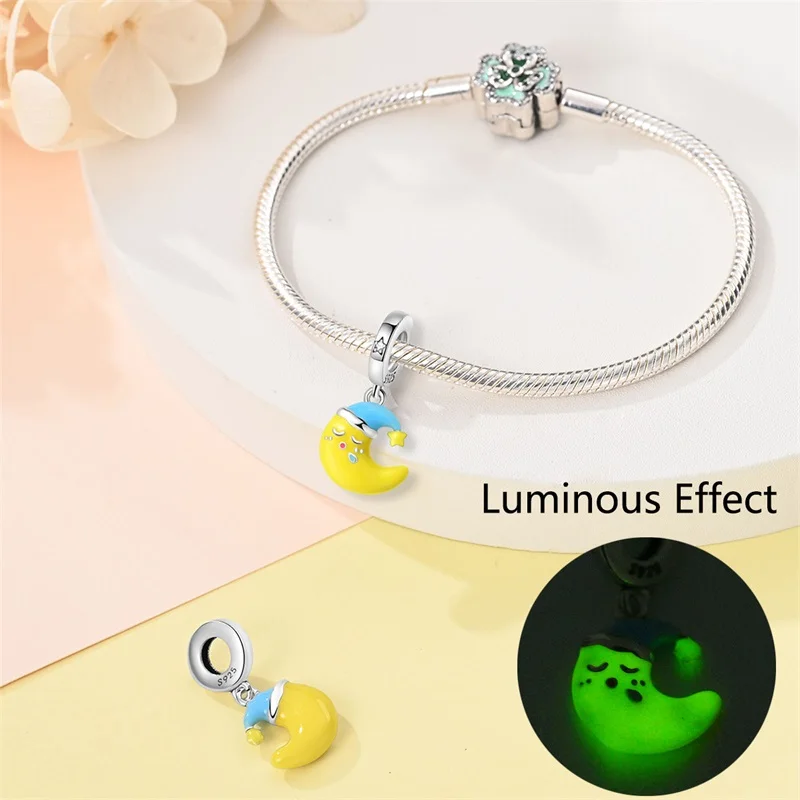 Nightglow Star Moon Silver Charms Beads, DIY Gift