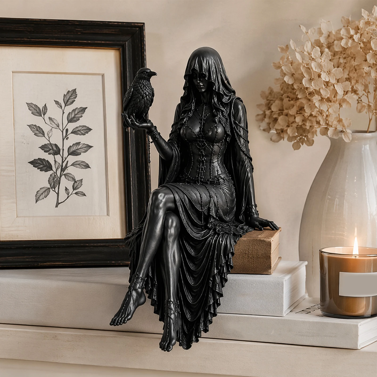 Hooded Lady Reaper Figurine Gift for Bookworms & Literature Fans Gothic Decor Sitting Statue for Table Desk Or Mantel Decoration