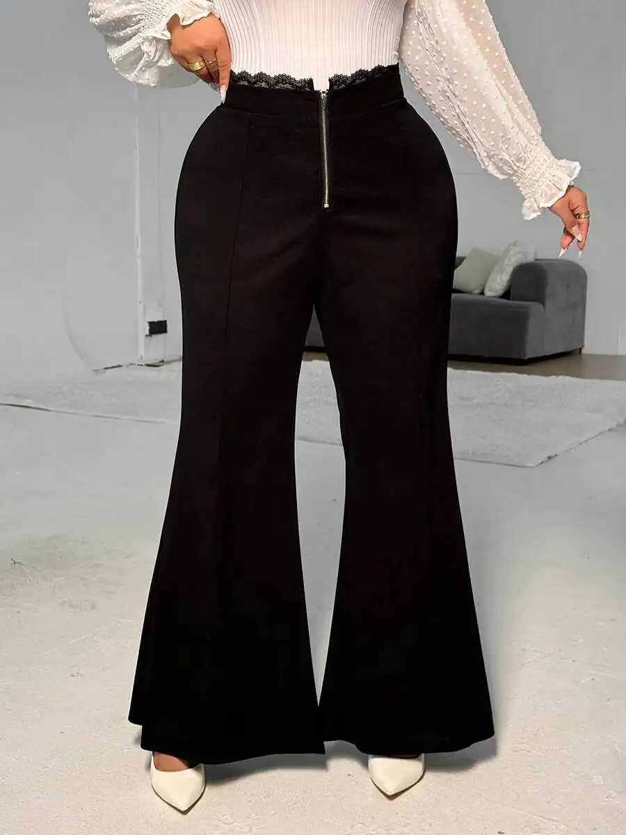 

Женские брюки больших размеров с высокой талией, расклешенные, с кружевной отделкой, облегающие, элегантные, весенне-летние, офисные, эластичные