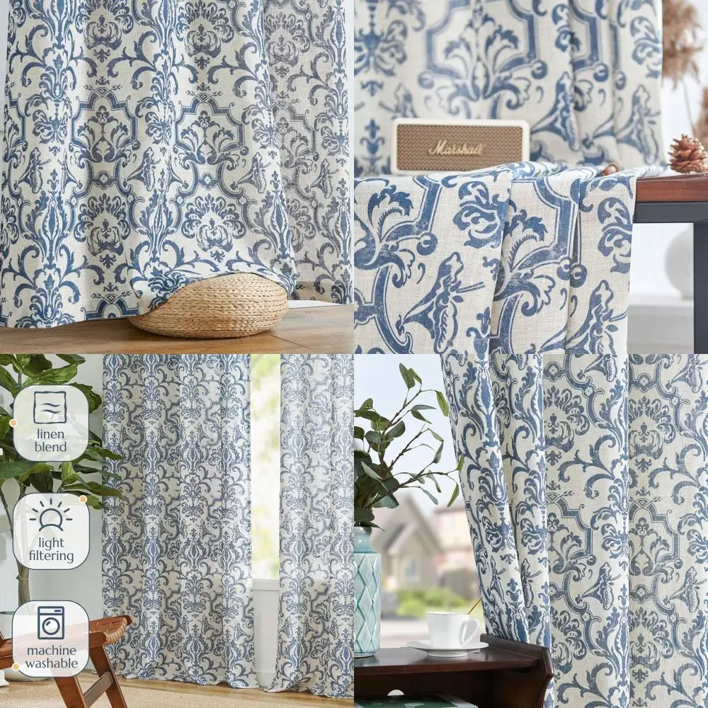 

Синие льняные шторы с дамасским узором, ширина 108 дюймов, длина 9 футов, светопропускающие, в винтажном стиле, с люверсами, комплект из 2 панелей