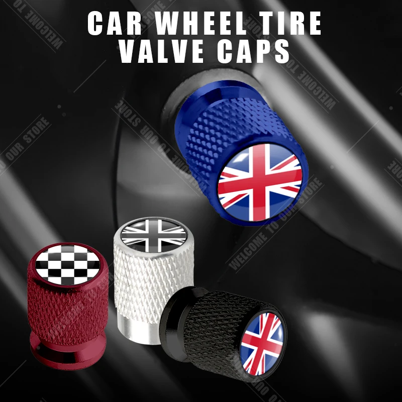 Car CNC Aluminum UK Flag Emblem For Mini Cooper Jaguar Land Rover Ford Opel Honda Nissan 4pcs Tire Valve Air Port Stem Cover Cap