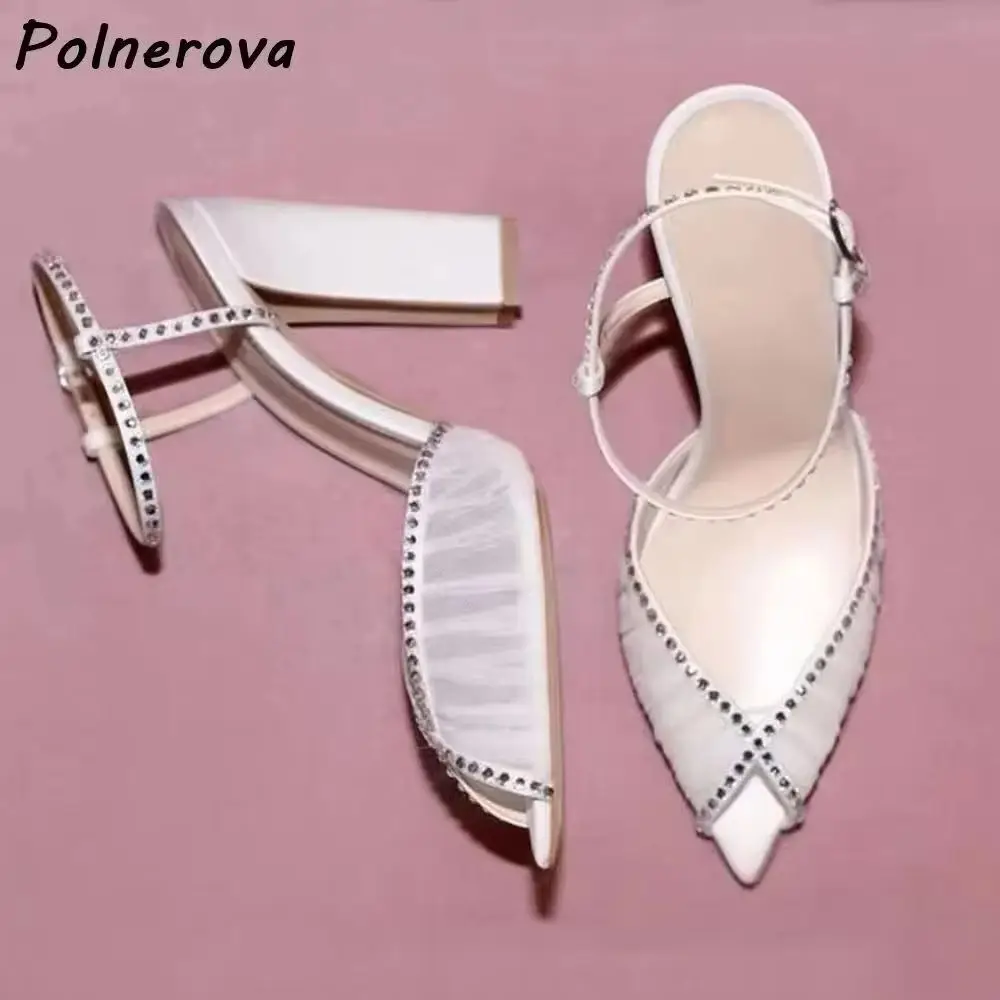 White Lace Pearl Trim Sandals Block Heel Pointed Toe Ankle Strap Wedding Bridal Heels Solid Air Mesh Elegant Ladies Summer Shoes