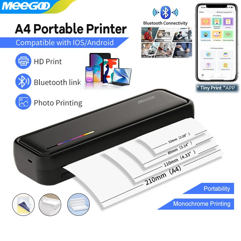 

MeeGoo Portable A4 Thermal Printer Bluetooth-compatible Photo PDF Printing Machine Folded Rolls Paper for Office Home Travel new