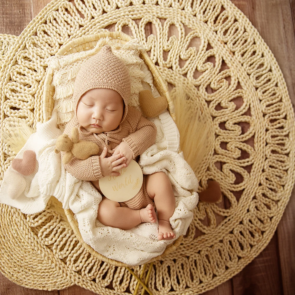 Round Straw Rug Newborn Photography Props Boho Newborn Photo Carpet Hand Braided Natural Baby Blanket Photography Accessories