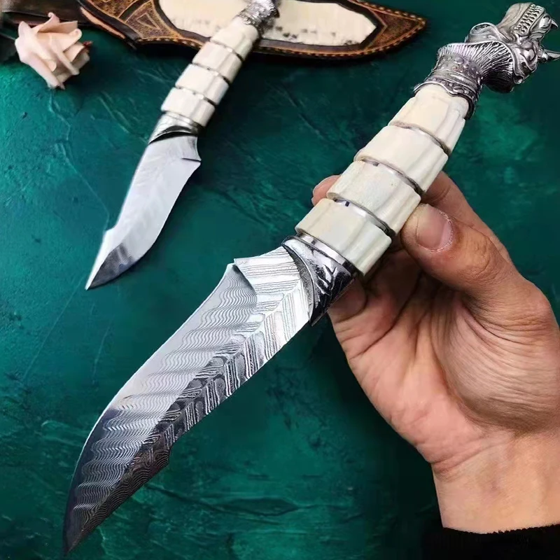 Hunting Knife Handmade VG10 Damascus Steel Antler Fixed Blade Tactical Knife With Sheath Jungle Survival Knife Camping EDC Tool